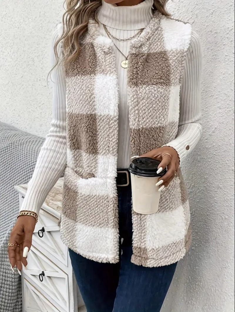 Plaid Color Stitching Knitted Cardigan Sweater