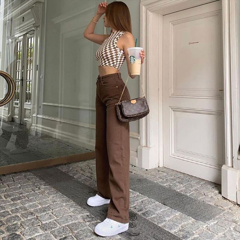 Brown Jeans Retro American Solid Color Looks Thin